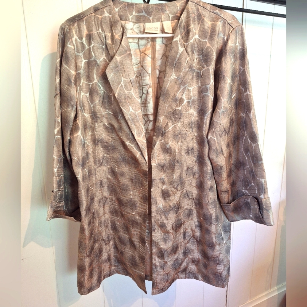 Chico's Shimmering Gray / Beige Jacket w 3/4 Sleeves, Wedding Guest Size L LNC - Picture 2 of 5
